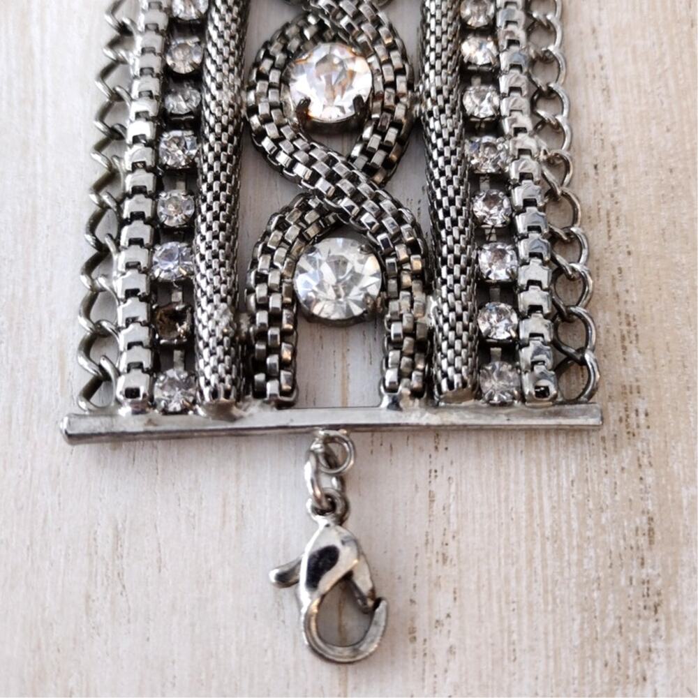 Vintage-Style Wide Silver/Pewter-Tone Cuff Bracelet with Rhinestones Accents - Picture 6 of 11
